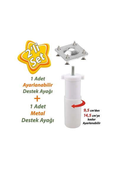 Destek Ayağı 9,5-14,5 Cm Beyaz Ve Metal Düz Ayak Tabanı M8 Civatalı İnce Diş Mobilya Kanepe Baza Koltuk Seti