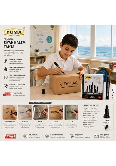 12 Adet Siyah Tahta Kalem Kesik Uç 3mm