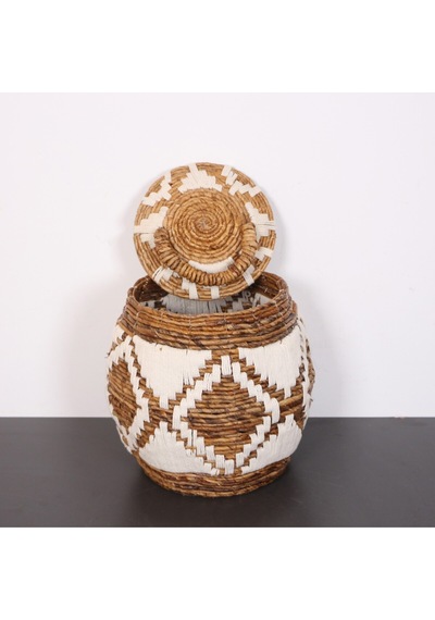 İskit Makrome Ve Doğal Abaka - Kapaklı Sepet 35x34 Cm Bej