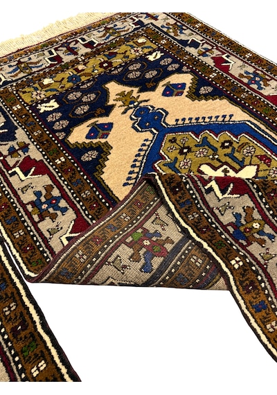 El Dokuma Çift Üst Düzey Yahyalı Halısı 96x170 Lacivert Krem Kök Boya Yün Lacivert