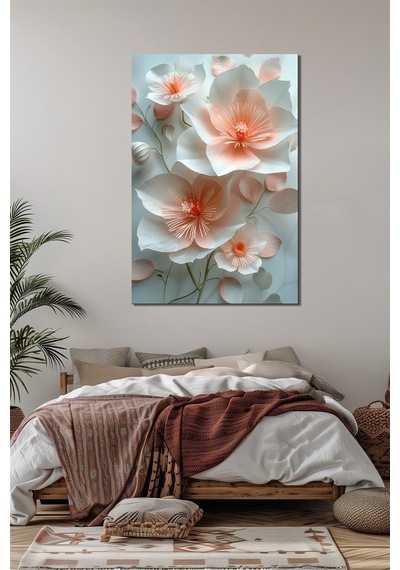 Çiçek Baskılı Cam Tablo Pastel Tonlu Zarif Floral Dekoratif Duvar Tablosu