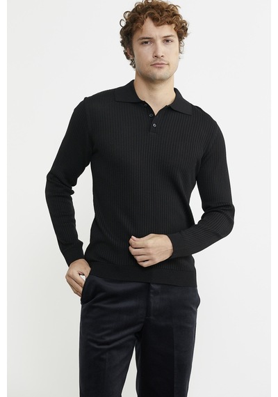 Sementa Polo Yaka Fitilli Triko Kazak - Siyah 001