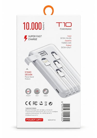 Powerway T10 Stand Özellikli 10000mah Hızlı Şarj Powerbank Beyaz