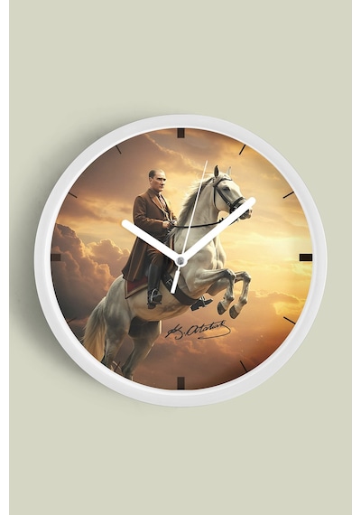 Mustafa Kemal Atatürk Tasarımlı Modern Duvar Saati - 35cm - Önü Camlı Beyaz Kasa - Sessiz Mekanizma Beyaz