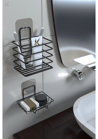 Siyah Paslanmaz Metal Banyo Duvar Organizeri - Yapışkanlı Diş Fırçalık Ve Sabunluk Seti Siyah