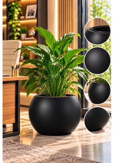 Siyah Yuvarlak İç Ve Dış Saksı Seti 27 Litre Dış Saksı 9,5 Litre İç Saksı Modern Dekoratif Büyük Boy Saksı -