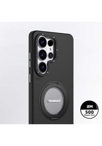 Galaxy S26 Ultra Kılıf M-safe Uyumlu 360 Standlı Mat Deri Desenli Youngkit Tech Leather Kapak Siyah Siyah