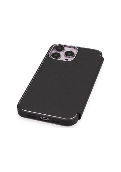 Apple Uyumlu iPhone 14 Pro Max Kapaklı Kılıf Parmak Izi Bırakmaz Dışı Deri Içi Süet Tasarım Siyah