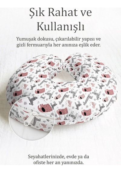 Sevimli Hayvan Desenli Pamuklu Boyun Yastığı - Pastel Gri Pembe Çocuk & Yetişkin Seyahat Yastığı Mat Kobalt Mavi