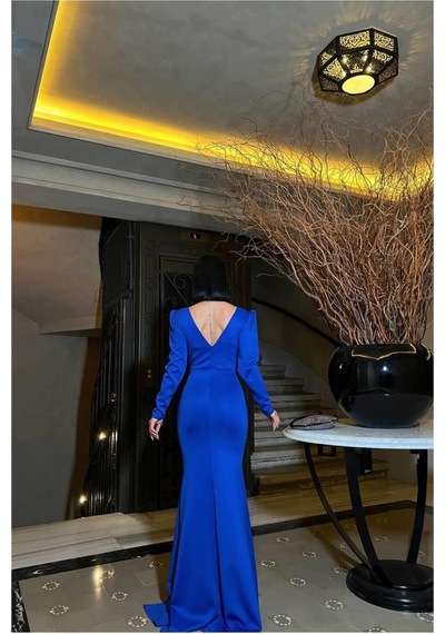Lior Design Kadın Tasarım V Yaka Taş Detaylı Uzun Kollu Abiye Elbise Saks