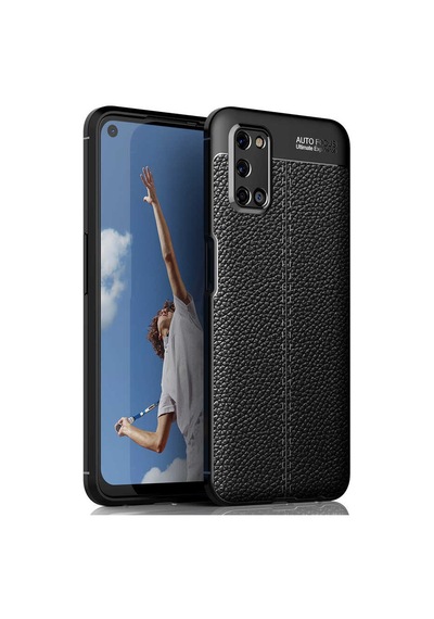Noktaks - Oppo A72 Uyumlu Kılıf Deri Dikiş Görünümlü Niss Karbon Silikon Kapak - Siyah - T15054