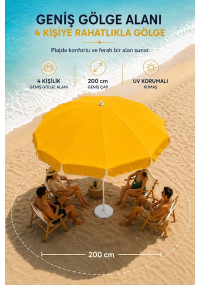 Sarı Plaj Şemsiyesi 200 Cm Çap /10 Telli, Polyester Kumaş Sarı
