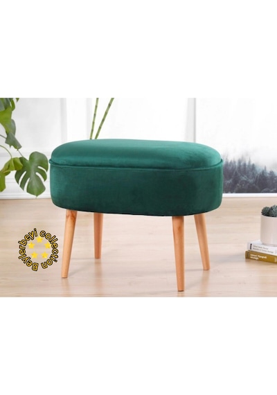 Gürgen Ahşap Ayak Düz Kumaş Oval Puf Bench Tabure Sandalye Yeşil
