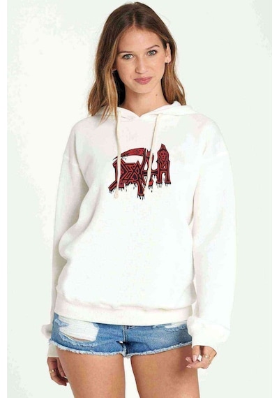 Death Logo Baskılı Beyaz Kadın Kapşonlu Sweatshirt