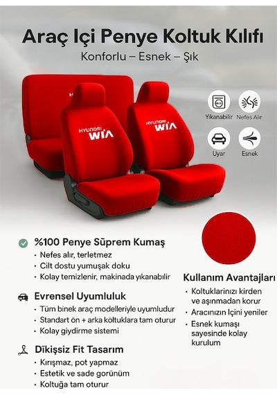 Her Mevsim Rahatlik Sunan Hyundai Elantra İle Uyumlu Oto Koltuk Kılıfı İle Aracınızda Kırmızı