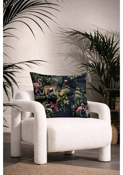 Tropik Orman Desenli Dekoratif Kırlent Kılıfı 45x45 Cm Lacivert