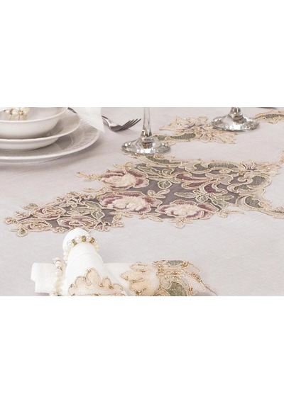 Henna Güpürlü Keten Krem Sofra Takımı 8 Kişilik 160x230 Cm 17prç - 1220 Çok Renkli