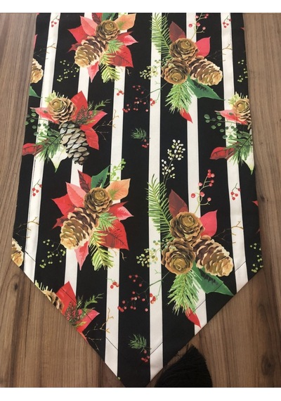 Çizgili Kozalak Yılbaşı Desenli Runner Çok Renkli