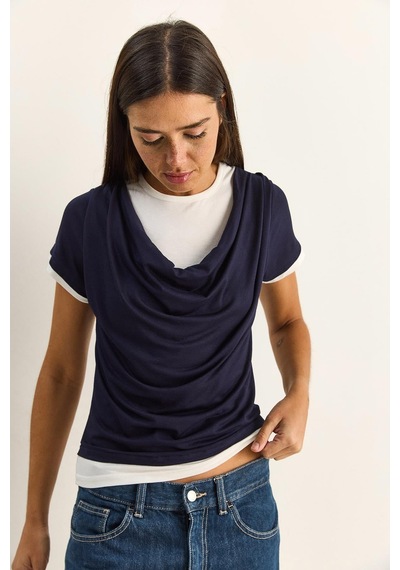 Shade Kadın Çift Kat Görünümlü Degaje Yaka Kısa Kol T-shirt 6140 60286132 - Lacivert
