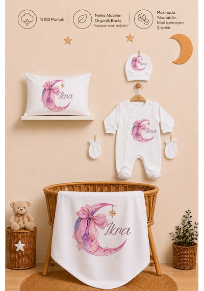 Pia Baby Kız Bebek Hastane Çıkışı Seti 11 Parça %100 Pamuk Kişiye Özel İsim Baskılı 1068113x Ekru