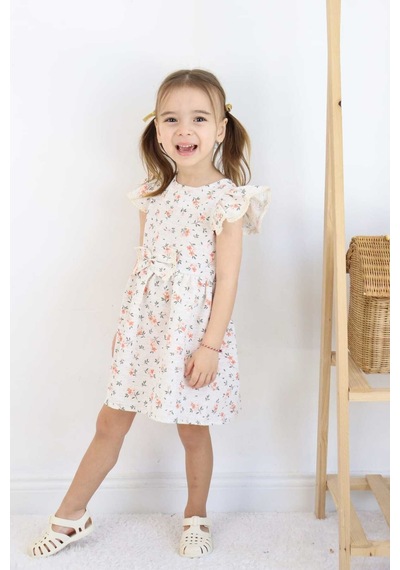 Esila Kids Kız Çocuk Elbise Bayramlık Elbise Çiçek Desenli Fiyonk Detaylı Büzgülü Kollu 3-6 Yaş Somon