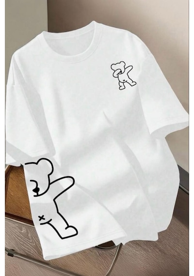 Ayıcık Baskılı Unisex Oversize Sokak Stili T-shirt Beyaz