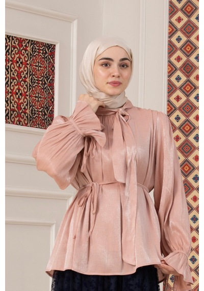 Sevitli Kolu Volanlı Janjan Abiye Bluz-pembe-5767
