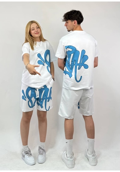 Zaee S. Baskılı Oversize Premium Şort Takımı Beyaz / Mavi