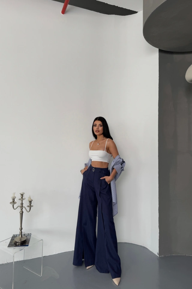 Sidelya Concept Salaş Önden Yırtmaç Detaylı Bel Kemerli Pantolon - Lacivert Lacivert