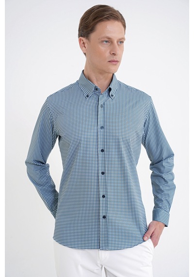 Slim Fit Pötikare Baskılı Pamuklu Yaka Düğmeli Yeşil Gömlek G 1604