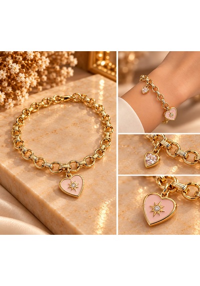 Pembe Kalp Sallantılı Paslanmaz Çelik Altın İşçiliği Bileklik Gold