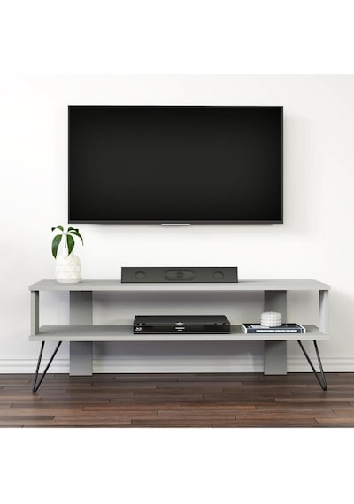 Duama TV Sehpası – Metal Ayaklı, Açık Raflı Tasarım, 120 cm, Gri