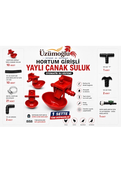 Üzümoğlu 10 Lu Hortum Girişli Yaylı Çanak Suluk Seti Otomatik Kümes Su Sistemi Kurulum Kiti 16 Mm Hortum Bağlantılı Tam Set