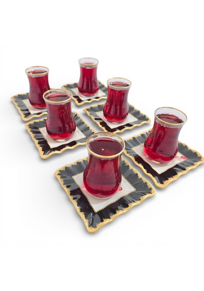 Sudedi Home Gold Yaldızlı Çay Bardağı Seti 6 Kişilik Porselen Tabaklı Çok Renkli