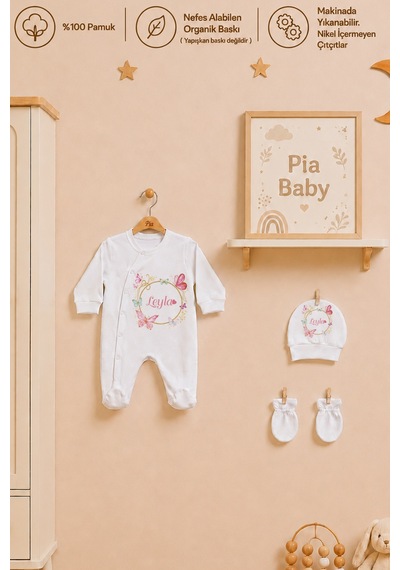 Pia Baby İsme Özel %100 Pamuk Kız Bebek Yastık Battaniyeli Tulum Set Kese Hediyeli 1077tybkyx Krem