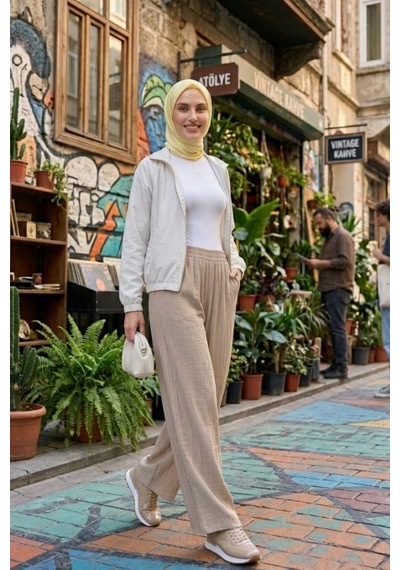 Hb Harma Time Butik Kadın Beli Lastikli Çilek Kumaş Bej Salaş Pantolon Vizon Vizon