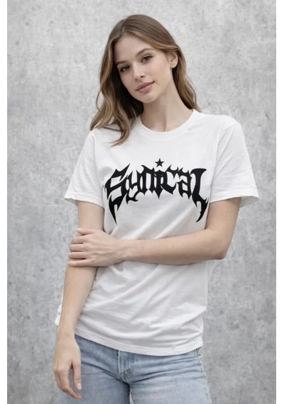 Vexor Bisiklet Yaka Ön Baskılı Kısa Kollu Tişört Streetwear Günlük Basic Pamuklu T-shirt - Beyaz