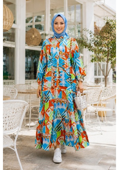 Hb Harma Time Butik Kadın Düğmeli Çiçek Desenli Mavi Modal Elbise Mavi Mavi