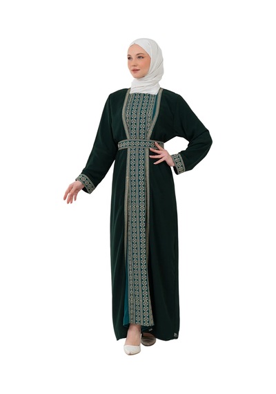 Zaytoon Nakışlı İç Elbiseli Ve Kemerli İki Parçalı Filistin Mirası Abaya Seti Yeşil