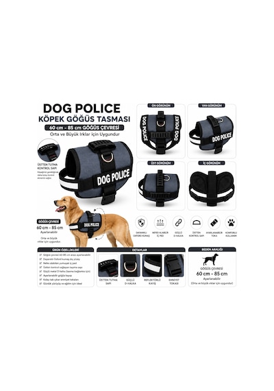 Dog Police Ayarlanabilir Köpek Göğüs Tasması Füme Gri - Siyah 60-85 Cm Çok Renkli