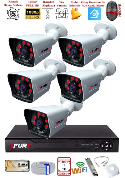 Fury 5 Kameralı 2mp Full Hd Görüntü 6 Atom Led Gece Görüşlü Dış Mekan Güvenlik Kamerası Seti 1tb