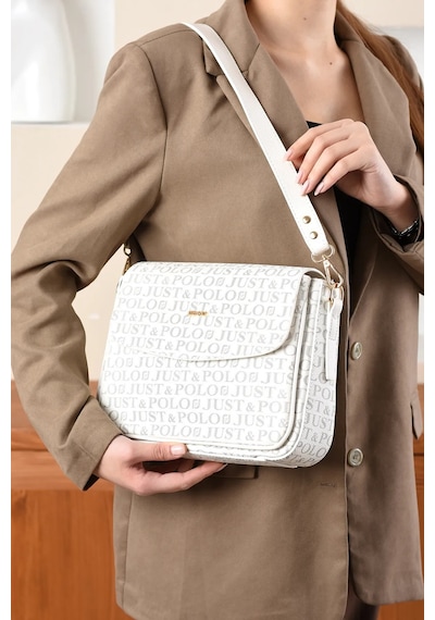 Just Polo Kadın Orijinal Just Polo Baskılı Büyük Boy Şık El Ve Omuz Çantası Shoulder Bag Ebat: 29 X 25 Cm Beyaz