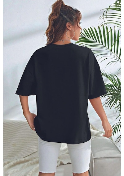 Unisex Pamuklu Butterfly Flowers Ön Baskılı Tasarım Tshirt SIYAH