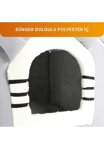 Klasik Çatılı Kedi Evi Ve Küçük Irk Köpek Kulübesi Ve Yuvası Minderli Peluş İç Mekan Yatağı, Fermuarlı Üst Bölüm, Taşınabilir Ev Tipi Yuva