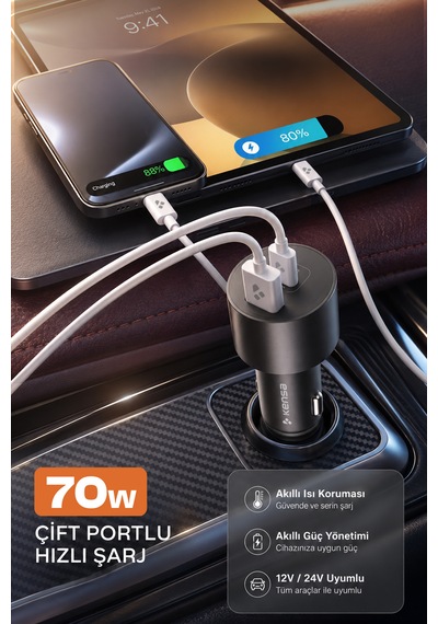 Kensa 70w Araç Hızlı Şarj Aleti Usb-c + Qc Usb-a Girişi Tüm Araçlar Uyumlu Şarj 70w Car Charger