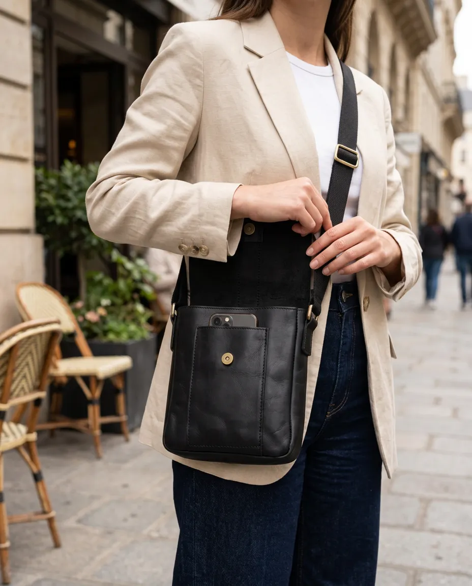 Natderi Unisex Hakiki Deri Siyah & Acı Kahve Seçenekli Postacı Çantası Ayarlanabilir Askılı Çapraz Çanta 24x21 Cm