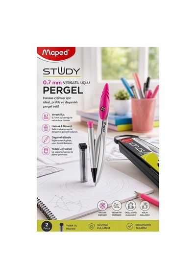 0.7 Uçlu Metal Pergel Pembe 1 Adet Maped 119430 Kutulu Metal Pergel Versatil Uçlu Mekanik Kalem Basmalı Uçlu Matematik