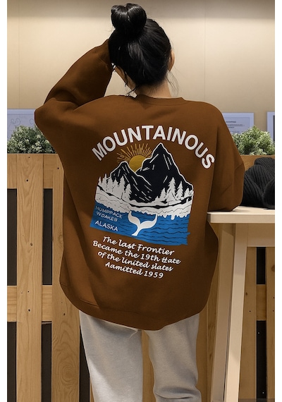 Benroma 3 İplik Penye Mountainous Baskılı Sweatshirt Kahverengi