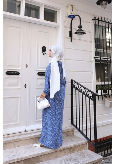 Nevayla Moda Çiçek Desenli Viskon Elbise - Mavi / E0128 Mavi