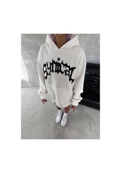 Butik İstanbul Unisex Üç İplik Kapşonlu Baskılı Sweatshirt - Beyaz